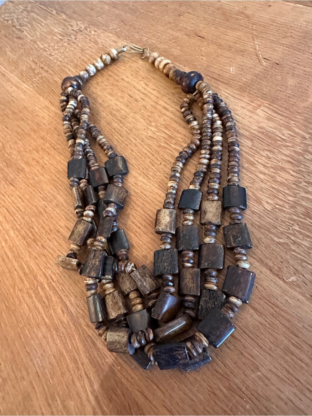 Multi-Strand Brown Wooden Bead Necklace